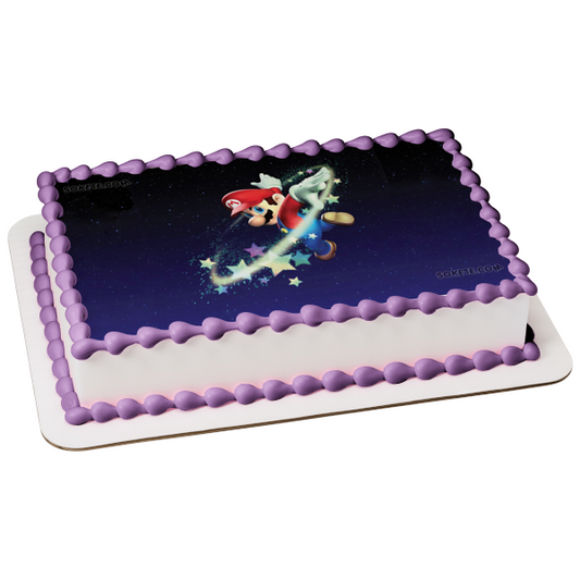 Super Mario Brothers Mario Flying Colorful Stars Night Sky Background Edible Cake Topper Image ABPID09079
