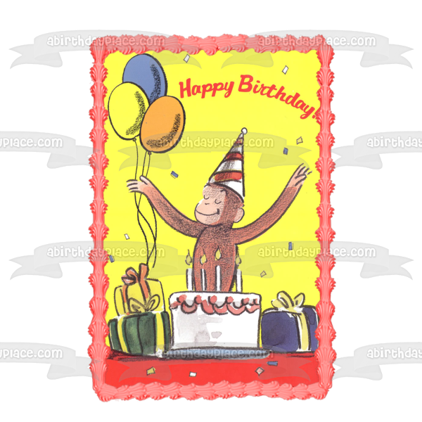 Curious George Happy Birthday Balloons Gifts Cake Candles Edible Cake Topper Image ABPID09092