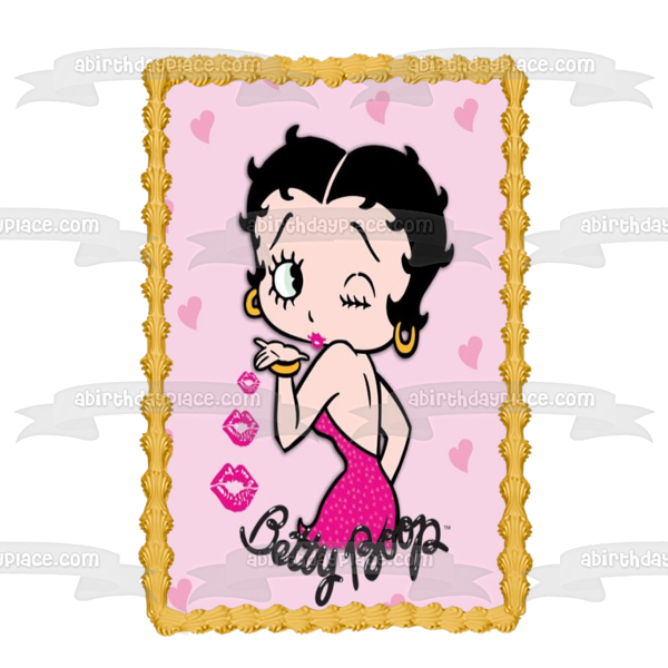 Betty Boop Blowing Kisses Pink Hearts Background Edible Cake Topper Image ABPID09477