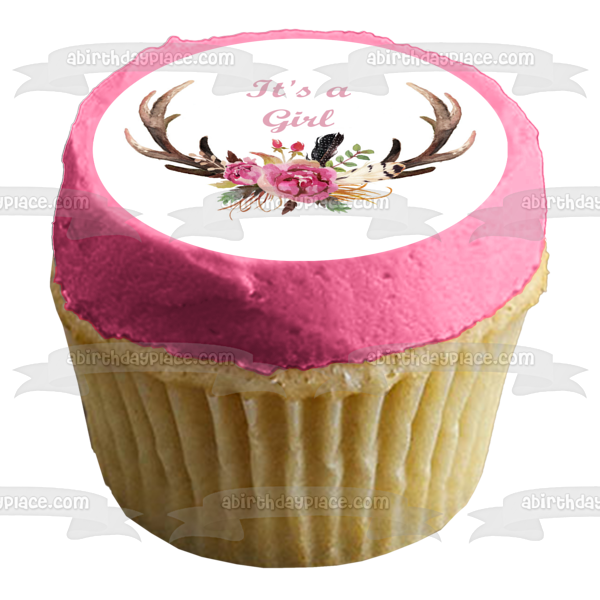It's a Girl Baby Shower Deer Antlers Flowers Edible Cake Topper Image ABPID09487