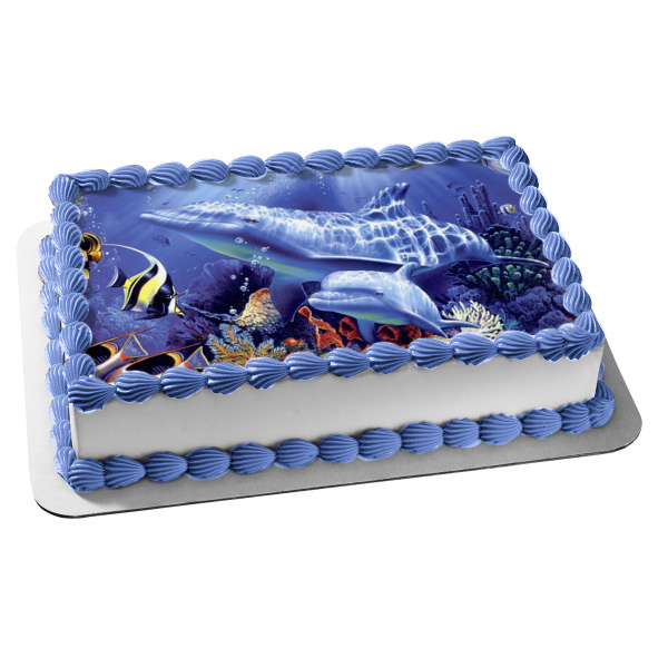 Under the Sea Pod Dolphins Swimming Coral Edible Cake Topper Image ABPID09152