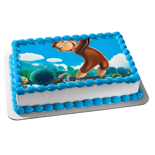 Curious George Flying Away with Balloons Edible Cake Topper Image ABPID09187