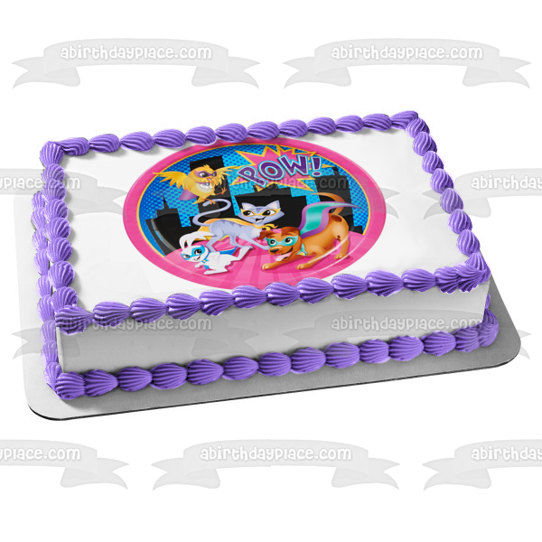 Super Hero Pets Pow! Dog Cat Bunny and Bird Superheroes Edible Cake Topper Image ABPID00002