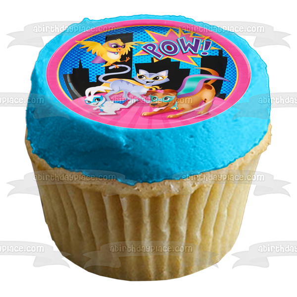 ¡Pow de mascotas de superhéroes! Adorno comestible para tarta con diseño de perro, gato, conejito y pájaro, superhéroes, imagen ABPID00002 