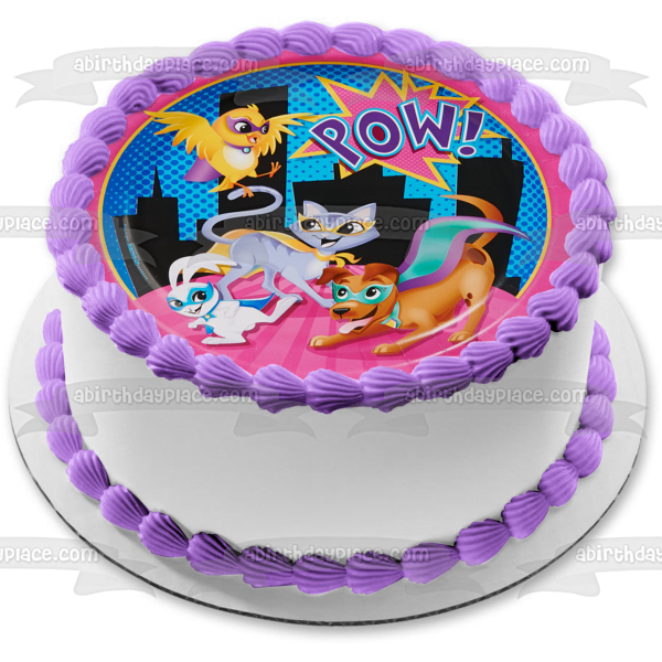 ¡Pow de mascotas de superhéroes! Adorno comestible para tarta con diseño de perro, gato, conejito y pájaro, superhéroes, imagen ABPID00002 