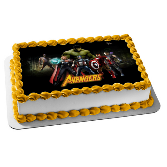 Marvel Comics The Avengers Captain America Iron Man Thor Incredible Hulk Black Background Edible Cake Topper Image ABPID09188