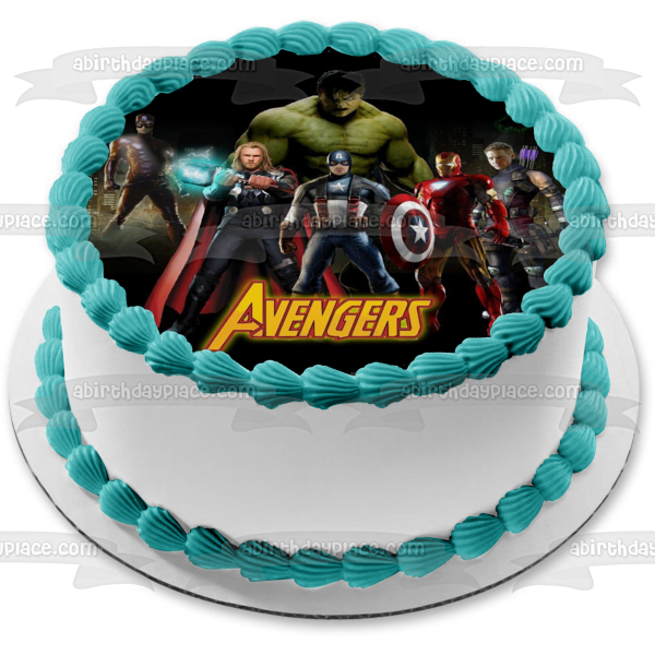 Marvel Comics The Avengers Captain America Iron Man Thor Incredible Hulk Black Background Edible Cake Topper Image ABPID09188