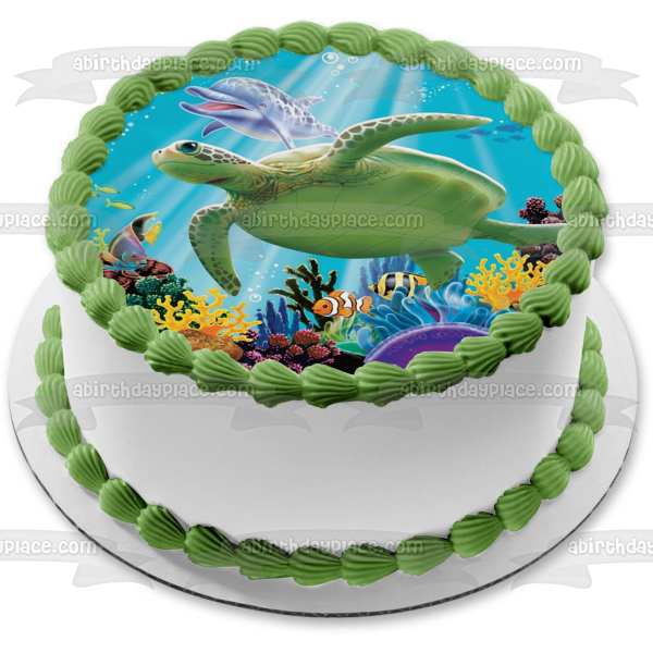 Ocean Under the Sea Turtle Dolphin Edible Cake Topper Image ABPID00062