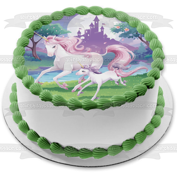 Unicorns Mom and Baby Trees Castle Moonlight Edible Cake Topper Image ABPID00208