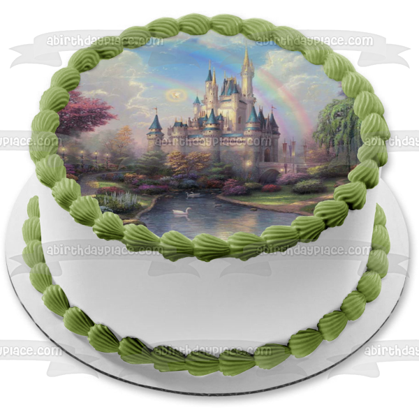 Fairytale Castle Rainbow Colorful Trees and Bushes Lake Edible Cake Topper Image ABPID00210