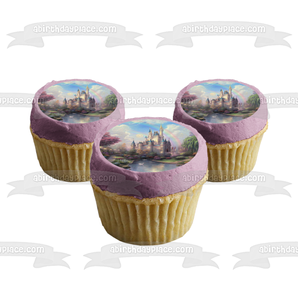 Fairytale Castle Rainbow Colorful Trees and Bushes Lake Edible Cake Topper Image ABPID00210