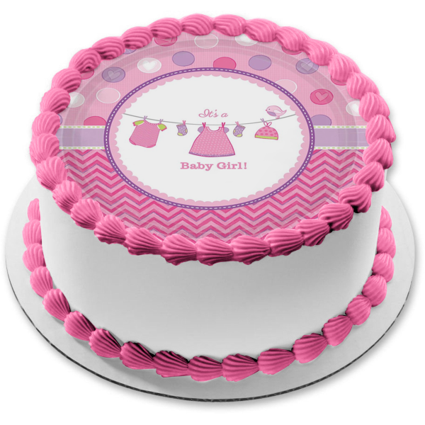 It's a Baby Girl Baby Shower Baby Clothes on a Clothesline Edible Cake Topper Image ABPID00447