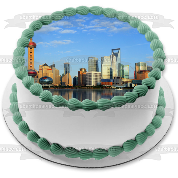 Shanghai China Skyline City Water Cityscape Edible Cake Topper Image ABPID00493