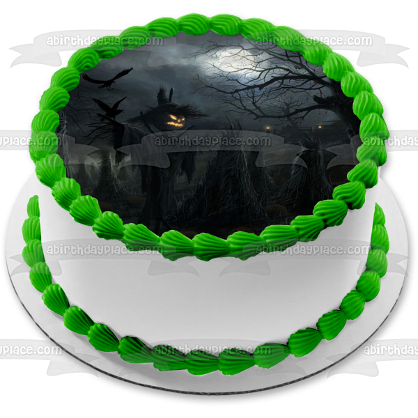 Halloween Haunted House Scarecrow Dead Oak and Bats Flying Edible Cake Topper Image ABPID00501