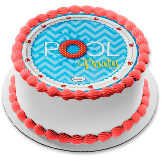Pool Party Blue Background Swim Ring Edible Cake Topper Image ABPID00953