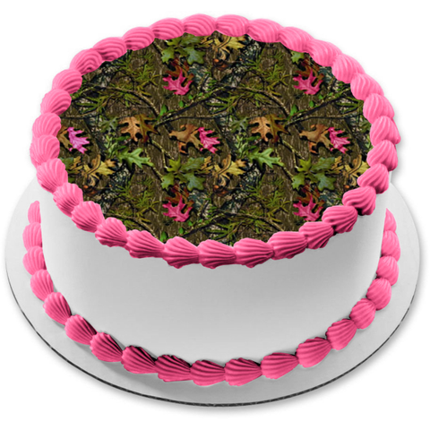 Camouflage Camo Green Pink Leaves Mossy Tree Edible Cake Topper Image ABPID01068