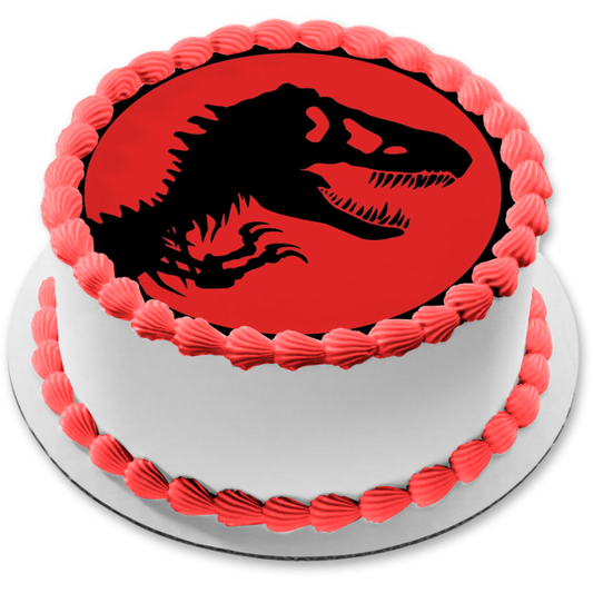 Logotipo de Jurassic Park Tyrannosaurus Rex Fondo rojo Imagen comestible para decoración de tarta ABPID01207