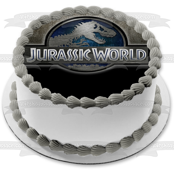 Jurassic World Logo Silver and Tyrannosaurus Rex Edible Cake Topper Image ABPID01273