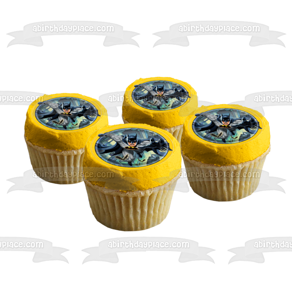 Batman Flying Over City Yellow Round Edge Edible Cake Topper Image ABPID01391