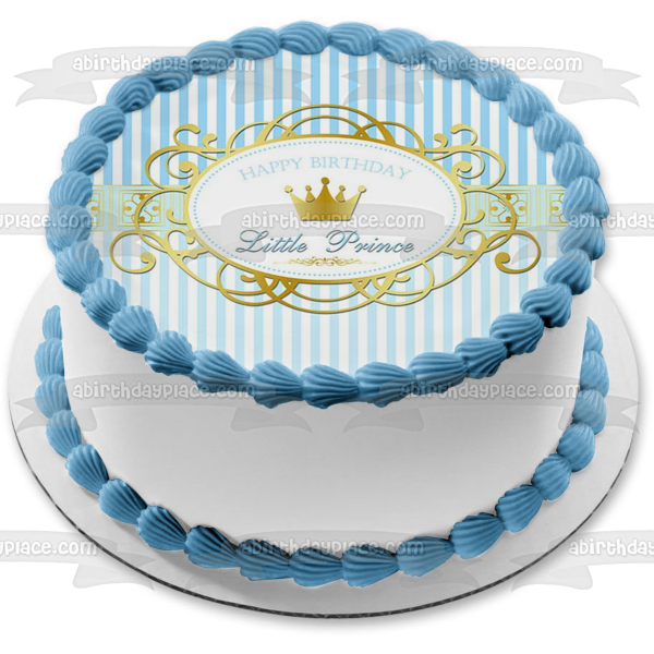 Happy Birthday Little Prince Gold Crown Blue and White Striped Background Edible Cake Topper Image ABPID01393