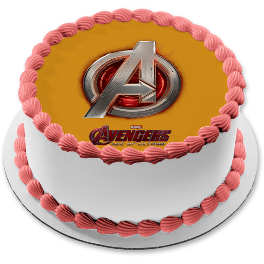 Logotipo de Los Vengadores Era de Ultrón y un fondo amarillo Imagen comestible para decoración de tarta ABPID01410 