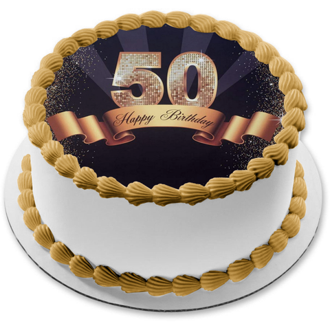 Happy 50th Birthday Gold Sparkles and Banner Edible Cake Topper Image ABPID01491