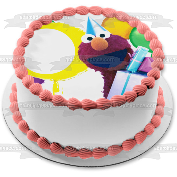 Sesame Street Elmo Party Hat Balloons and  Presents Edible Cake Topper Image Frame ABPID04739