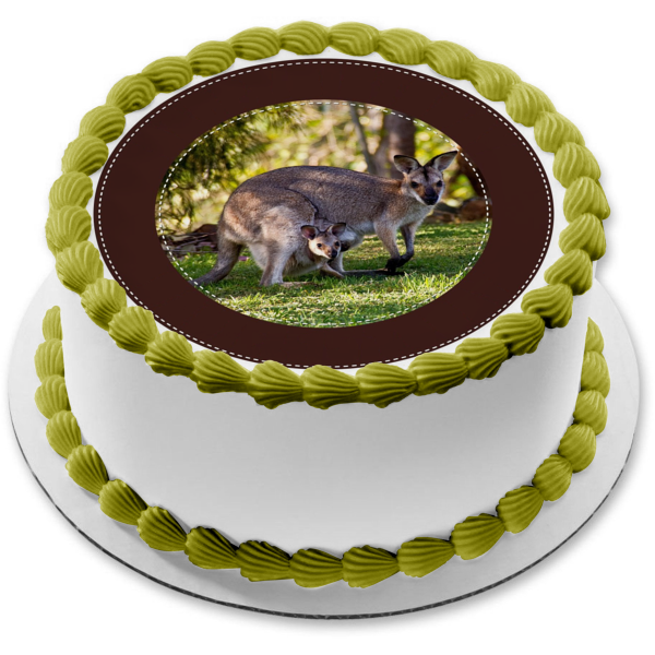 Kangaroo Mother Joey Baby Trees and Grass Edible Cake Topper Image ABPID05087