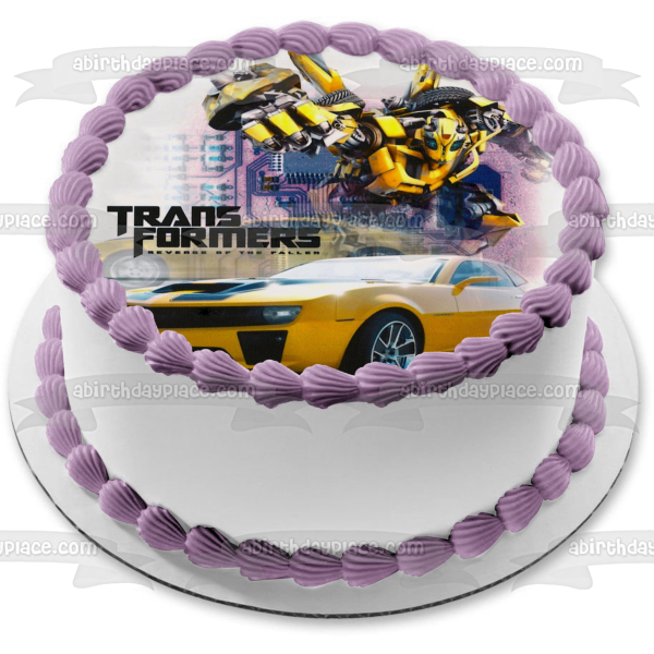 Transformers Reverse of the Fallen Bumblebee Autobot and Goldwheels Edible Cake Topper Image ABPID05231