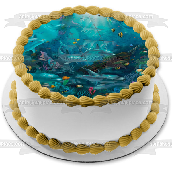 Under the Sea Dolphins Fish and a Shipwreck Edible Cake Topper Image ABPID05266
