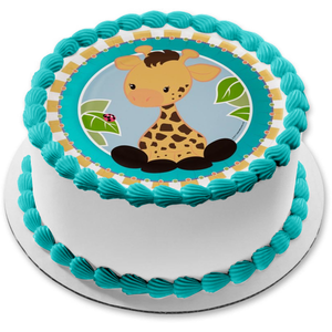 Baby Giraffe with a Ladybug on a Leaf Edible Cake Topper Image ABPID05422