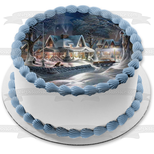 Winter Scene Snowy Houses and Trees at Christmas Edible Cake Topper Image ABPID05600