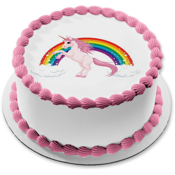 Pink Unicorn Rainbow and Clouds Edible Cake Topper Image ABPID05728