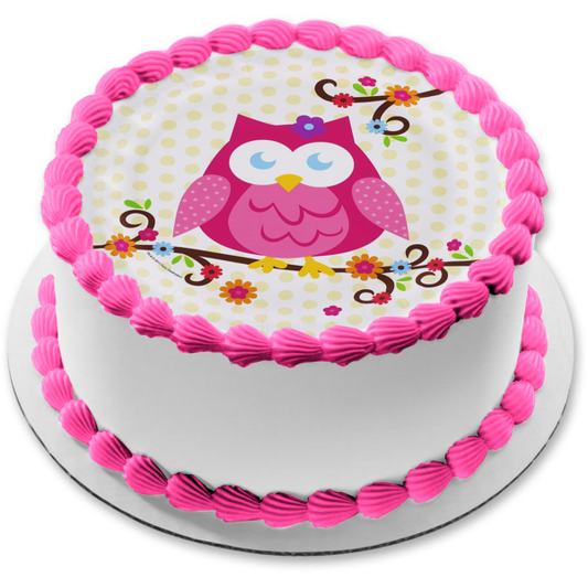 Pink Owl Flowers and a Polka Dot Background Edible Cake Topper Image ABPID05886