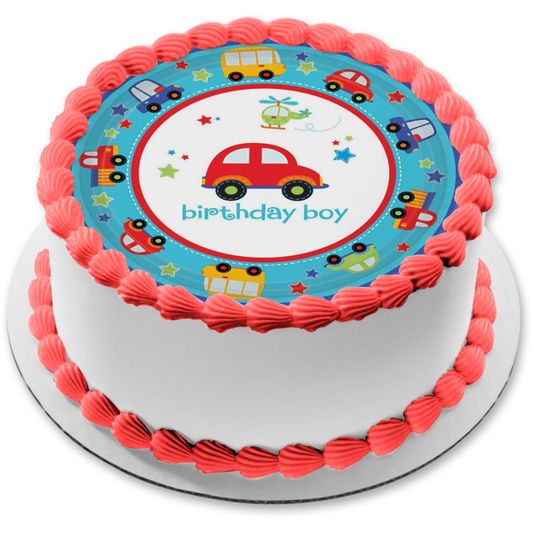 Imagen de decoración comestible para tarta de feliz cumpleaños, coches y camiones, ABPID05960 