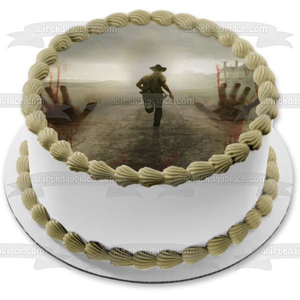 The Walking Dead Rick Grimes Zombie Hands and a  Deserted House Edible Cake Topper Image ABPID06084