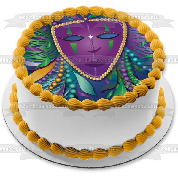 Mardi Gras Mask Beads Feathers Edible Cake Topper Image ABPID13468