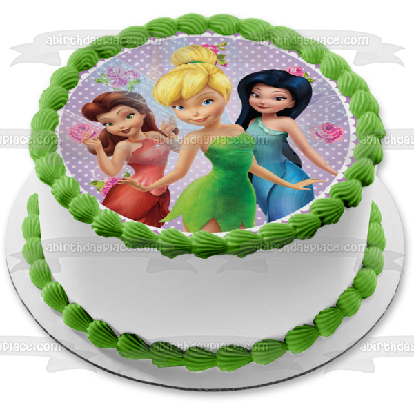 Disney Tinkerbell Fairies Silvermist Fawn Purple and White Polka Dot Background Edible Cake Topper Image ABPID21834