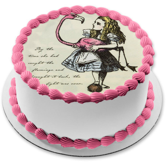 Round Truly Alice and Flaimngo Tea Party Birthday Edible Cake Topper Image ABPID50244