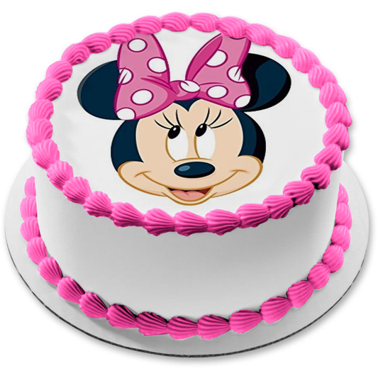 Minnie Mouse Face Pink Bow Edible Cake Topper Image ABPID50419