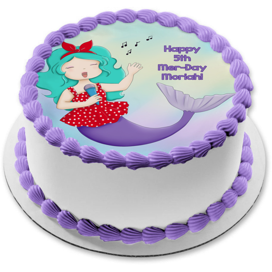 Mermaid Singing Happy 5th Mer-Day Birthday Personalized Name Edible Cake Topper Image ABPID51077