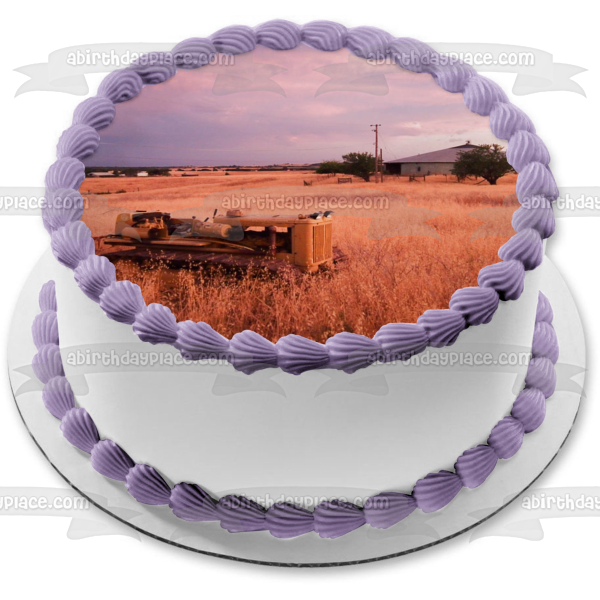 Tractor and Farm House In a Hay Field Edible Cake Topper Image ABPID52517