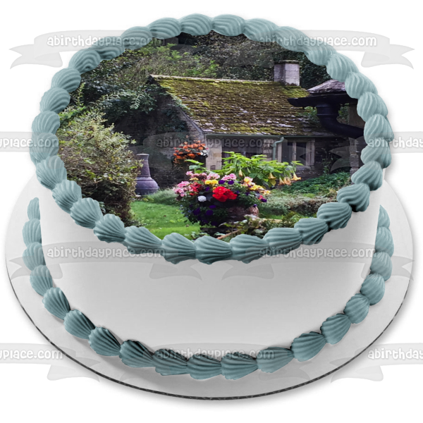 Village Home Surrounded by Flowers and Trees Edible Cake Topper Image ABPID52566