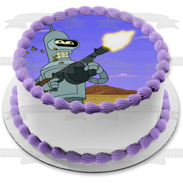 Futurama Animation Adult Swim Comedy Central Bender Disparando Tommy Gun Edible Cake Topper Imagen ABPID52641 