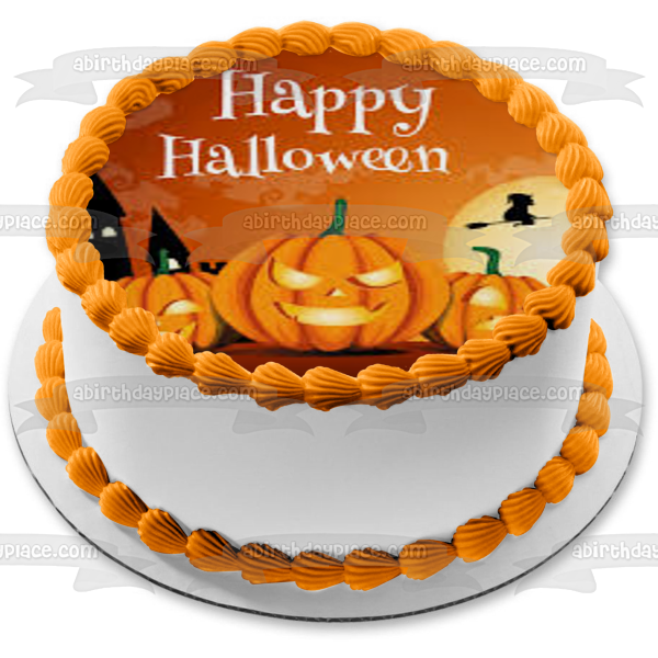 Happy Halloween Flying Witch on a Broomstick Scary Jack-O-Lanterns Edible Cake Topper Image ABPID52672