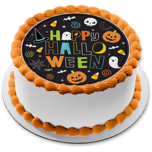 Happy Halloween Ghosts Jack-O-Lanterns Spiderwebs Witch Hats Candy Corn Edible Cake Topper Image ABPID52677