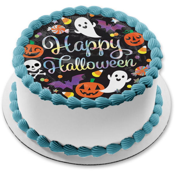 Happy Halloween Ghosts Bats Candy Corn Jack-O-Lanterns Edible Cake Topper Image ABPID52679