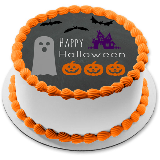 Happy Halloween Ghost Bats Scary House Smiling Jack-O-Lanterns Edible Cake Topper Image ABPID52688