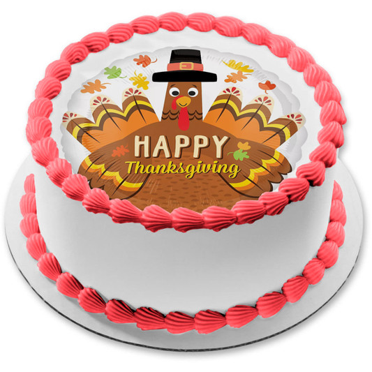Happy Thanksgiving Turkey In a Pilgrim Hat Fall Colored Leaves Edible Cake Topper Image ABPID52713