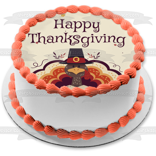 Happy Thanksgiving Turkey In a Pilgrim Hat Fall Colored Leaves Edible Cake Topper Image ABPID52715